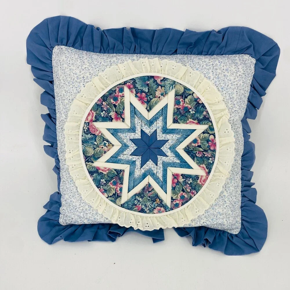 Vintage Handmade Amish Quilt Star Throw Pillow Blue White Floral Patchwork Ruffl